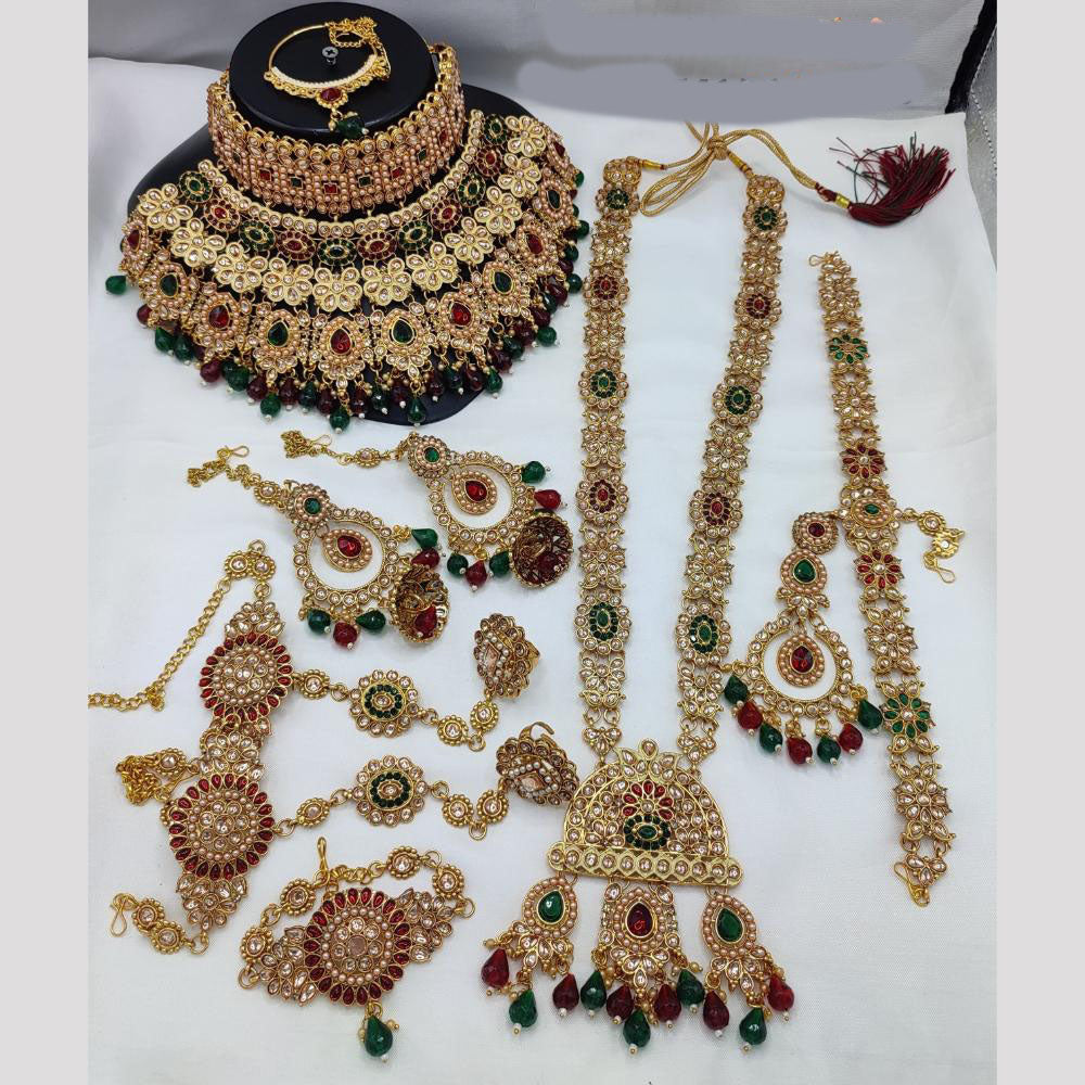 JewelMaze Gold Plated Crystal Stone And Beads Bridal Set