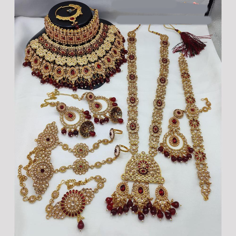 JewelMaze Gold Plated Crystal Stone And Beads Bridal Set