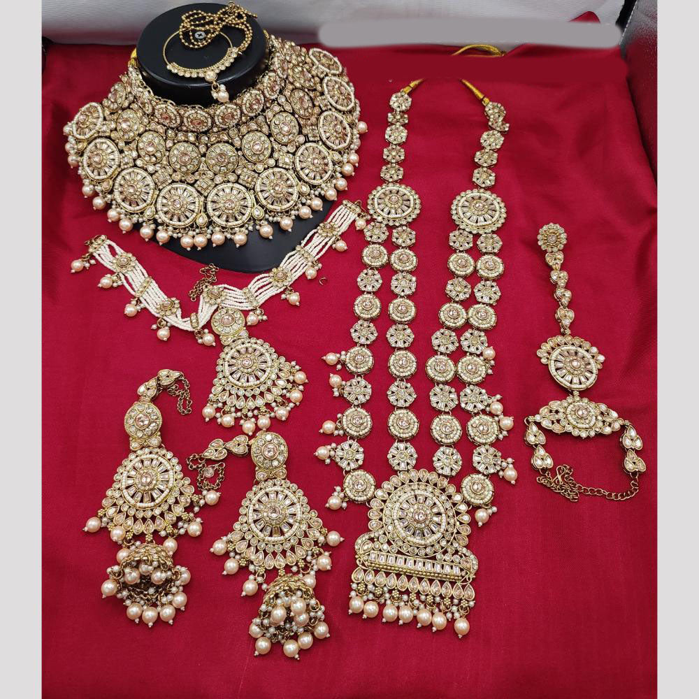 JewelMaze Gold Plated Crystal Stone And Beads Bridal Set