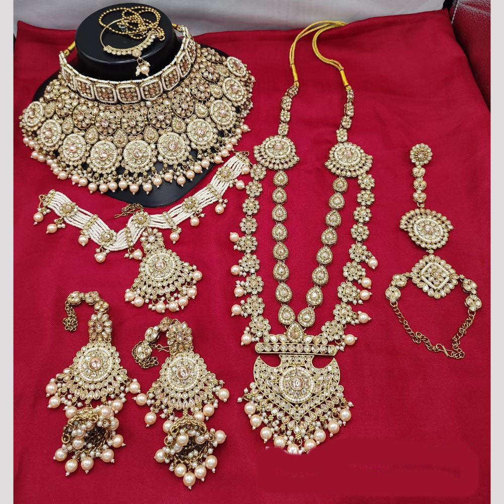 JewelMaze Gold Plated Crystal Stone And Beads Bridal Set