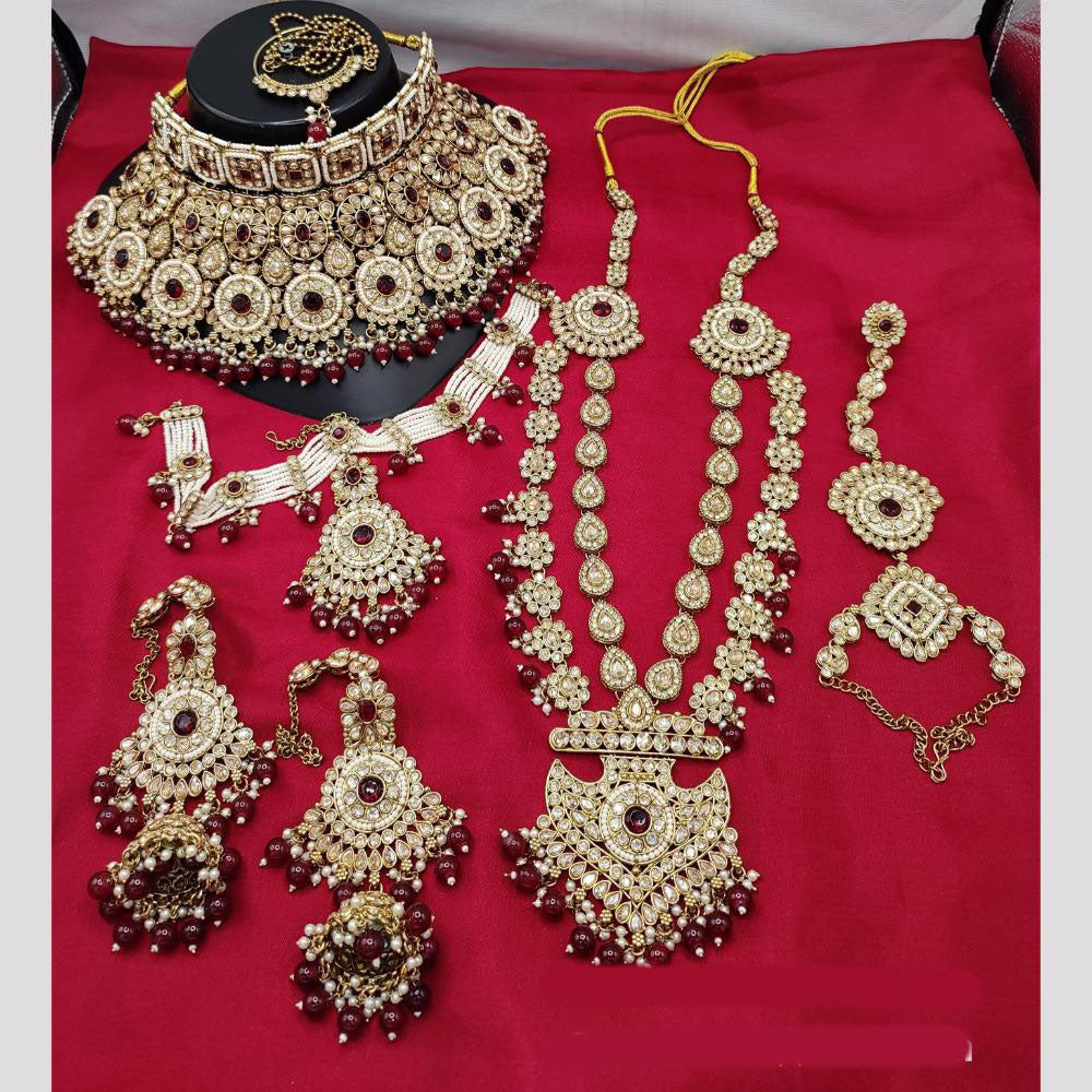 JewelMaze Gold Plated Crystal Stone And Beads Bridal Set