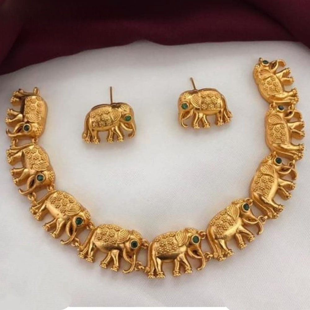 JewelMaze Gold Plated Pota Stone Elephant Style Choker Necklace Set