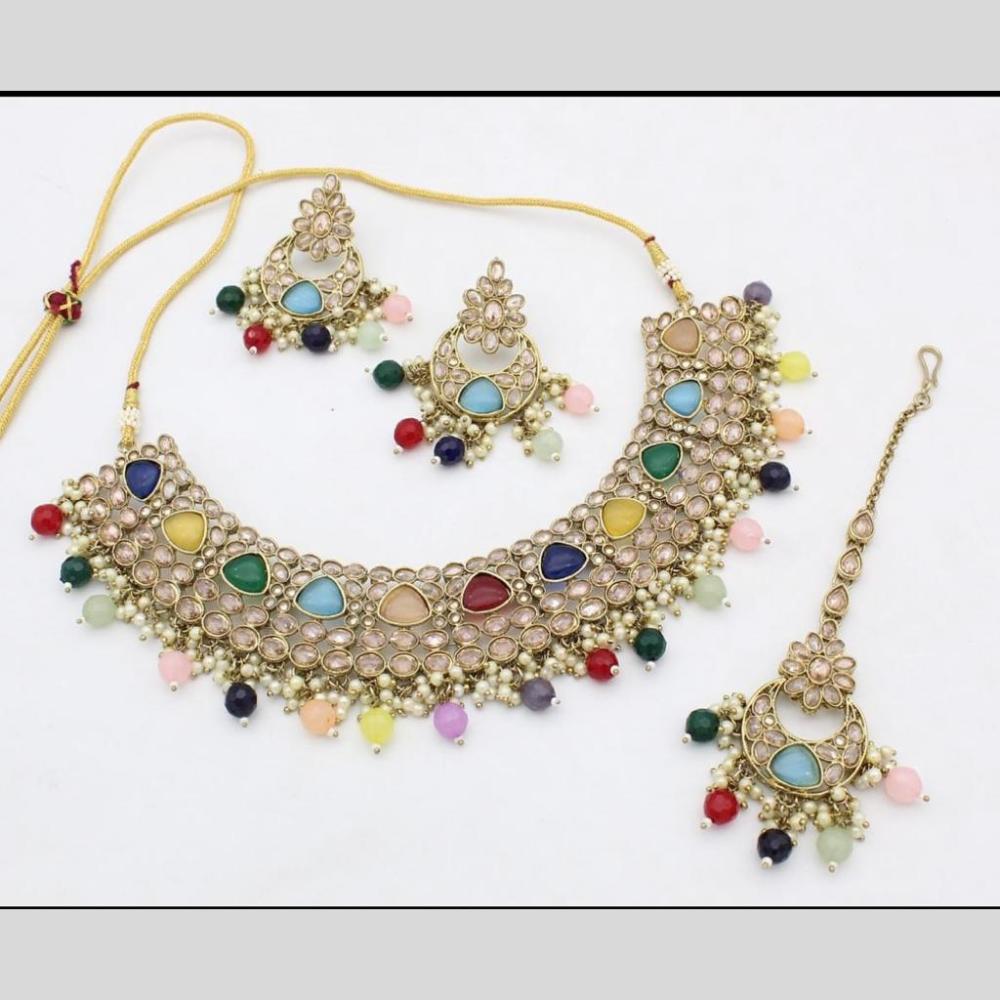 JewelMaze Gold Plated Crystal Stone And Pearls Choker Necklace Set