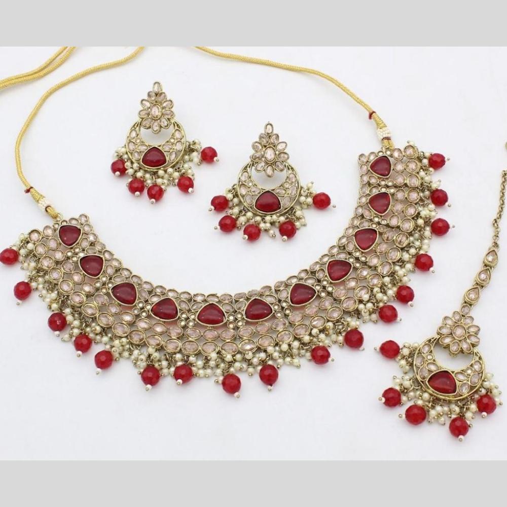 JewelMaze Gold Plated Crystal Stone And Pearls Choker Necklace Set