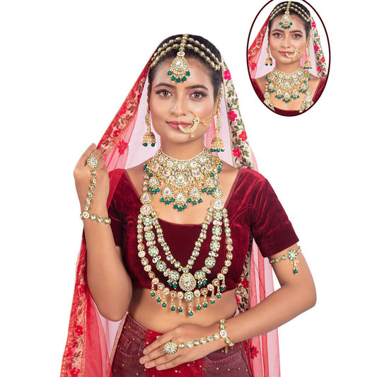 JewelMaze Gold Plated Kundan Stone & Beads Bridal Jewellery Set