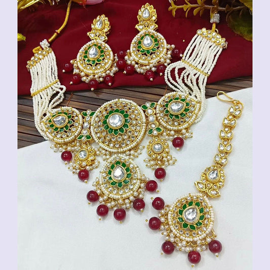 JewelMaze Gold Plated Kundan Stone Beads And Pearls Meenakari Necklace Set