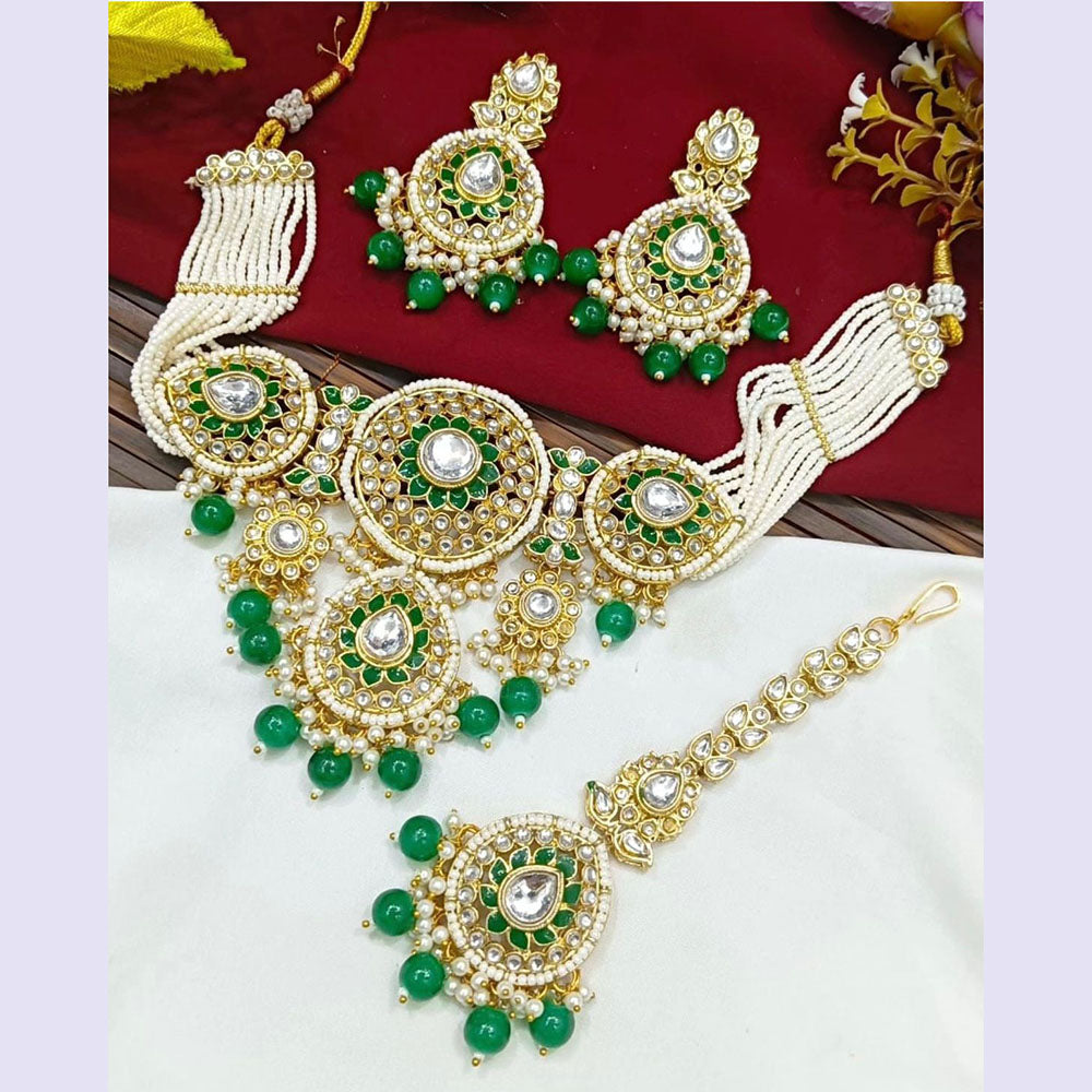 JewelMaze Gold Plated Kundan Stone Beads And Pearls Meenakari Necklace Set