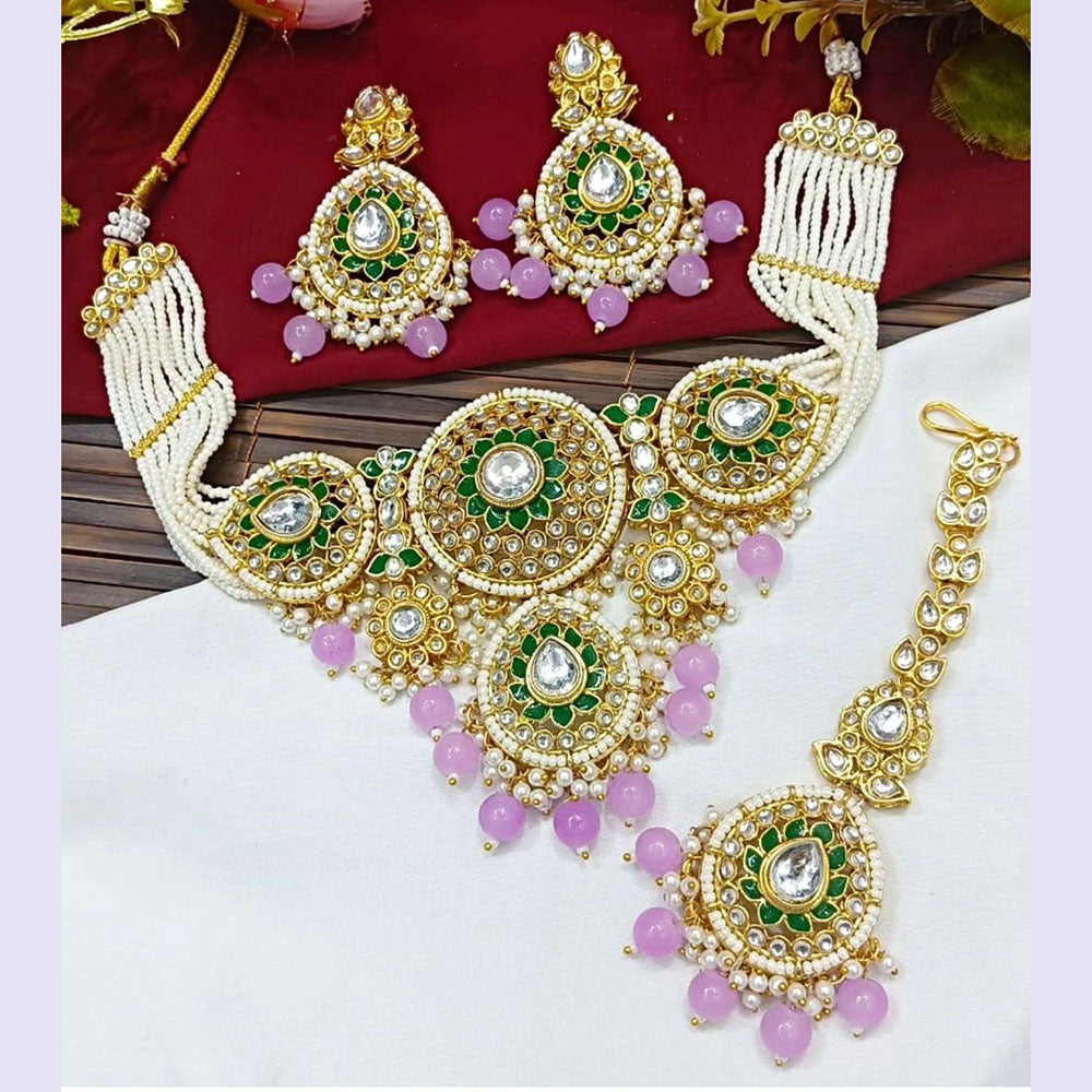 JewelMaze Gold Plated Kundan Stone Beads And Pearls Meenakari Necklace Set