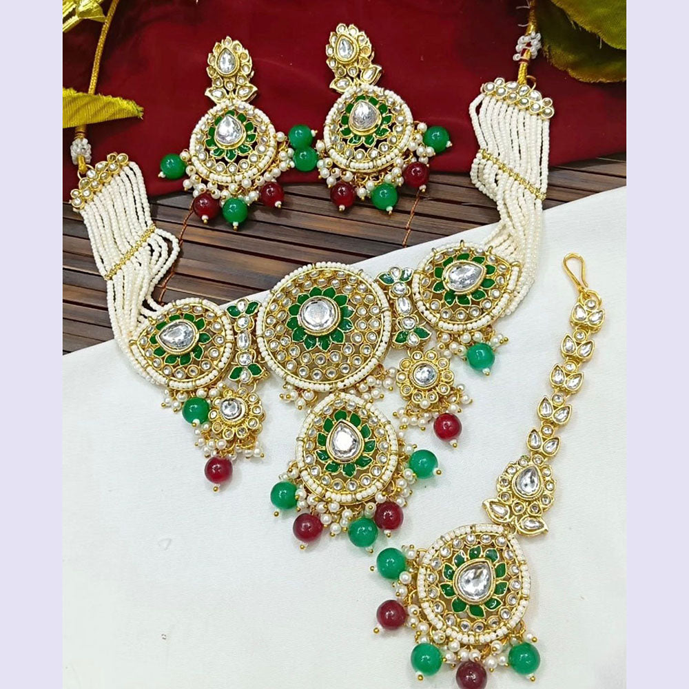 JewelMaze Gold Plated Kundan Stone Beads And Pearls Meenakari Necklace Set