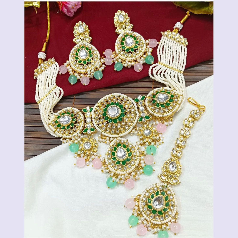 JewelMaze Gold Plated Kundan Stone Beads And Pearls Meenakari Necklace Set