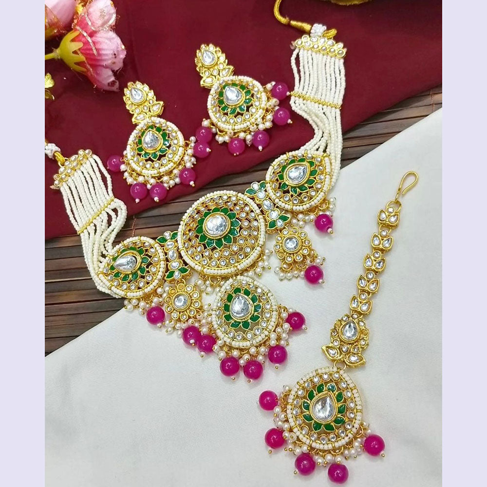 JewelMaze Gold Plated Kundan Stone Beads And Pearls Meenakari Necklace Set