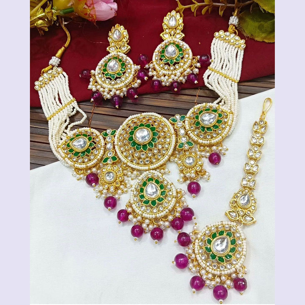 JewelMaze Gold Plated Kundan Stone Beads And Pearls Meenakari Necklace Set