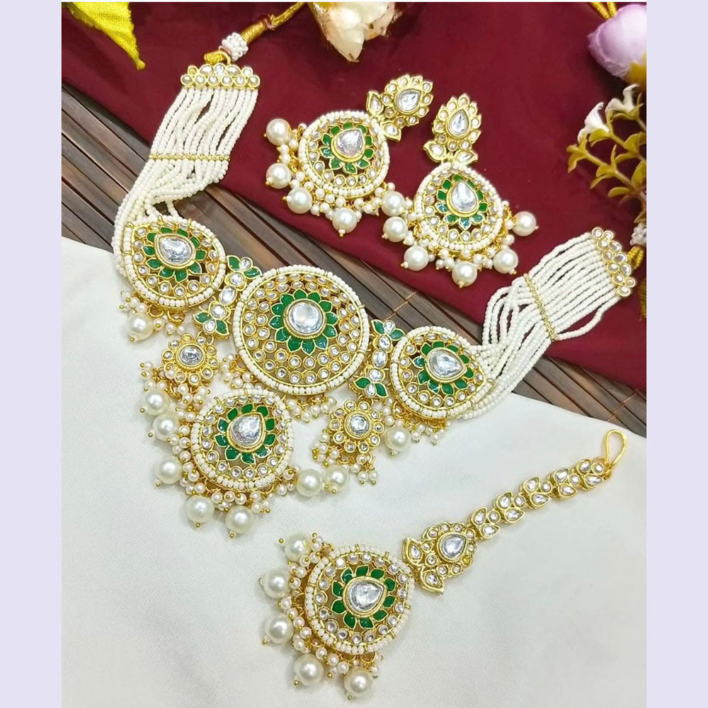 JewelMaze Gold Plated Kundan Stone Beads And Pearls Meenakari Necklace Set