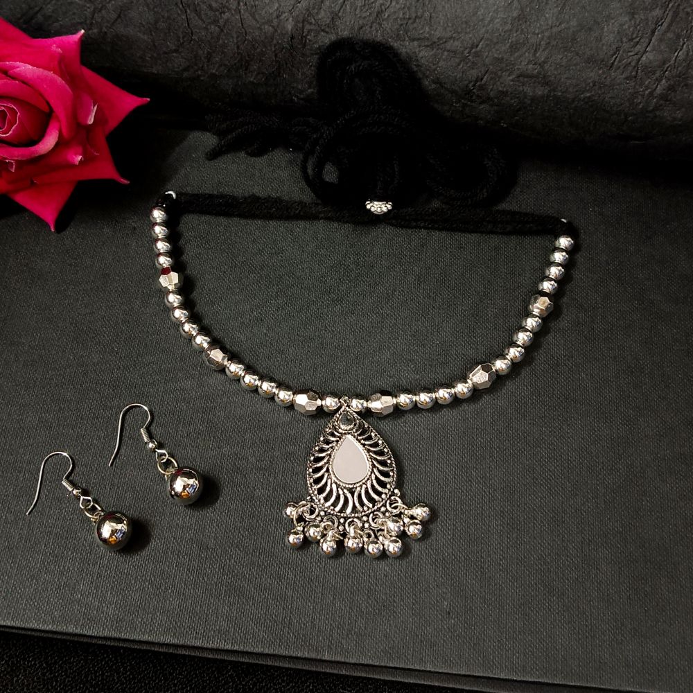 Bhavi Jewels Oxidised Plated Mirror Necklace Set