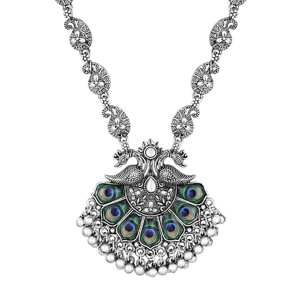 JewelMaze Oxidised Plated Peacock Long Necklace Set