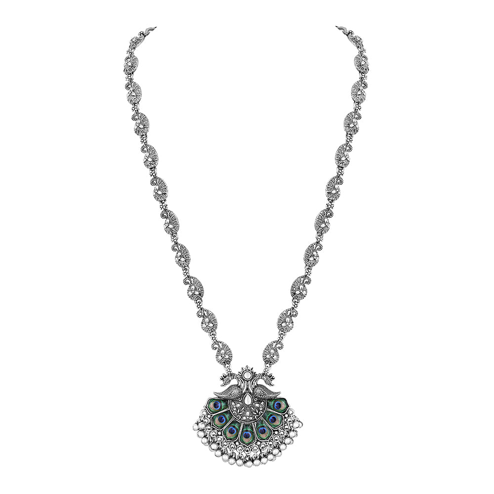 JewelMaze Oxidised Plated Peacock Long Necklace Set