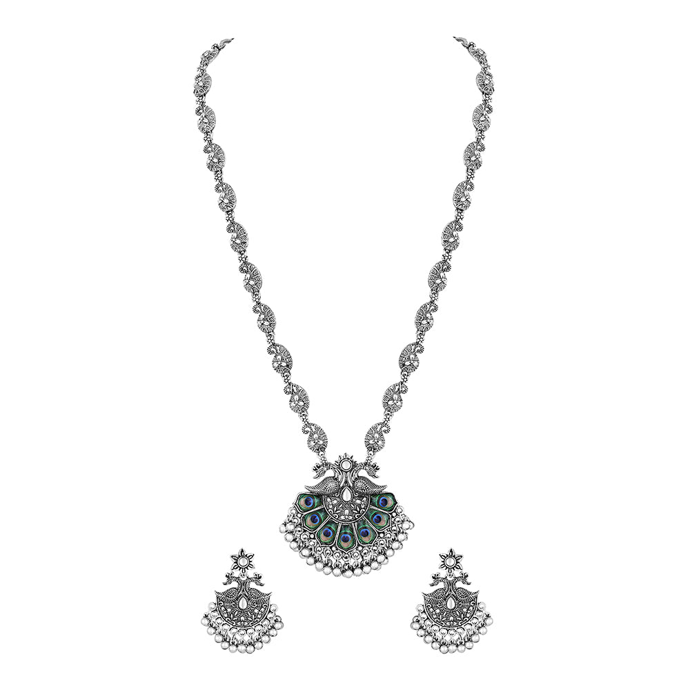 JewelMaze Oxidised Plated Peacock Long Necklace Set - AZJMSE23JS0025