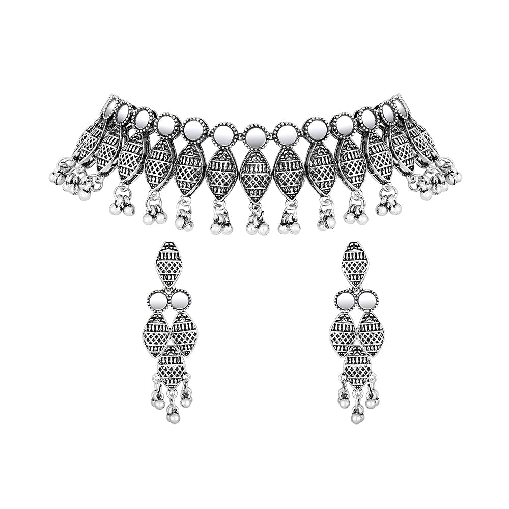 JewelMaze Oxidised Plated Choker Mirror Necklace Set - RE34CS404953