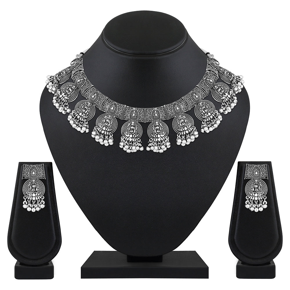 JewelMaze Oxidised Plated Laxmi Choker Necklace Set - RE54NS404954