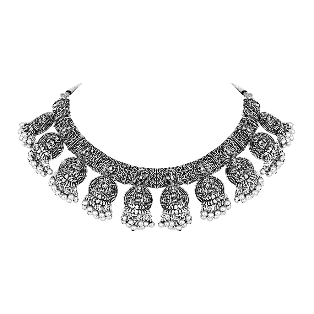 JewelMaze Oxidised Plated Laxmi Choker Necklace Set - 8909130680156