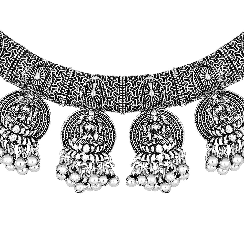 JewelMaze Oxidised Plated Laxmi Choker Necklace Set - 8909130680156