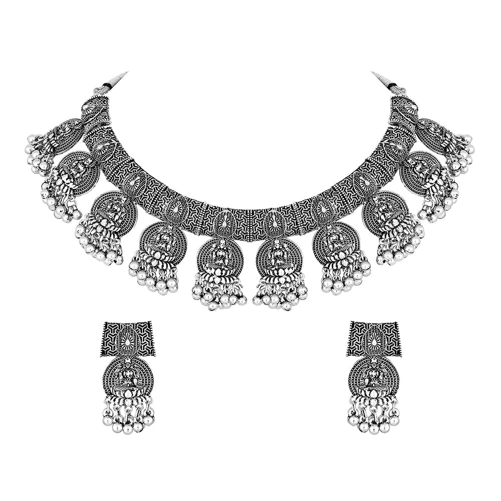 JewelMaze Oxidised Plated Laxmi Choker Necklace Set - RE54NS404954