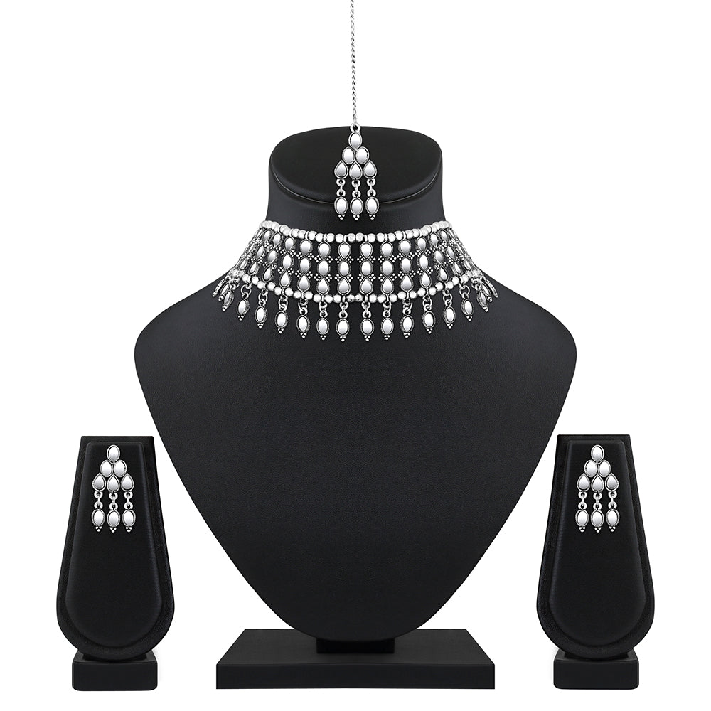 JewelMaze Oxidised Plated Mirror Choker Necklace Set - AZJMSE23JS0027