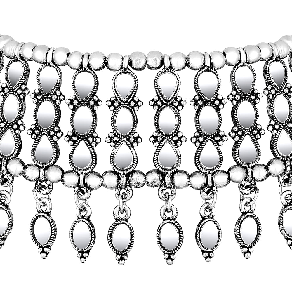 JewelMaze Oxidised Plated Mirror Choker Necklace Set - 11691011OX