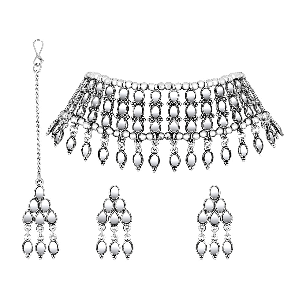 JewelMaze Oxidised Plated Mirror Choker Necklace Set - 11691011OX