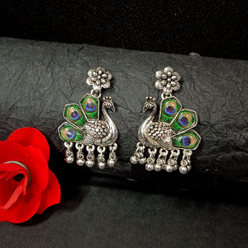 Bodhi Creation Oxidised Plated Peacock Dangler Earrings