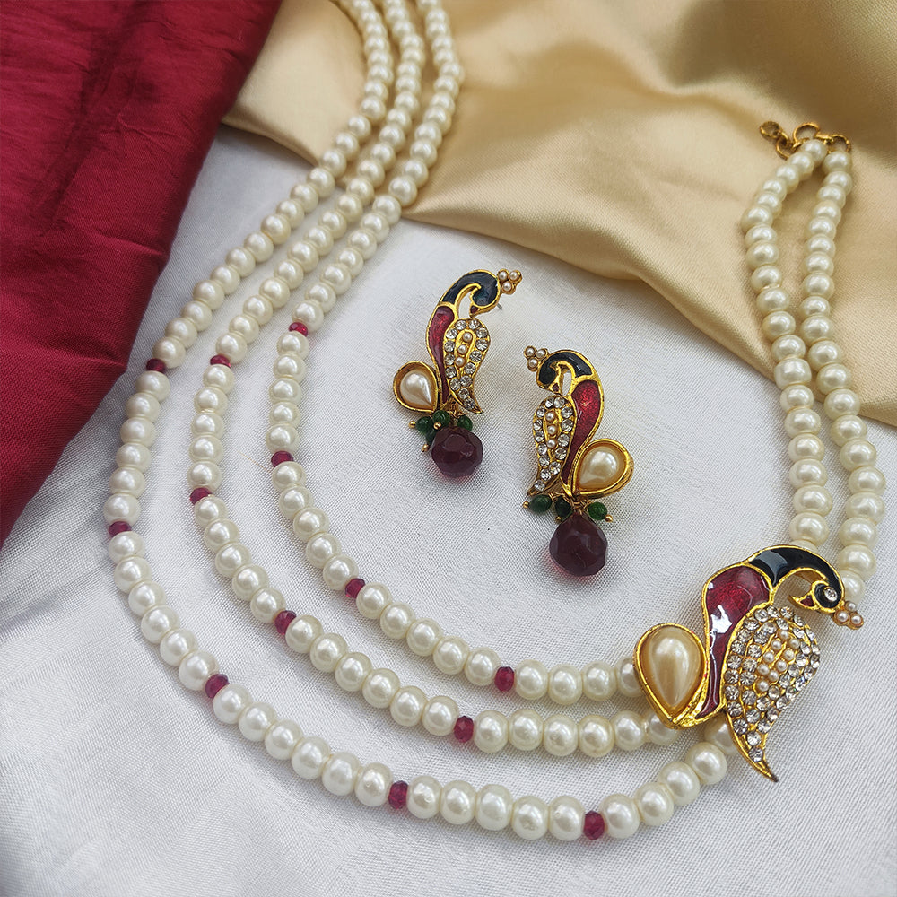 Apurva Red Austrian Stone Peacock Pearl Pendant Set