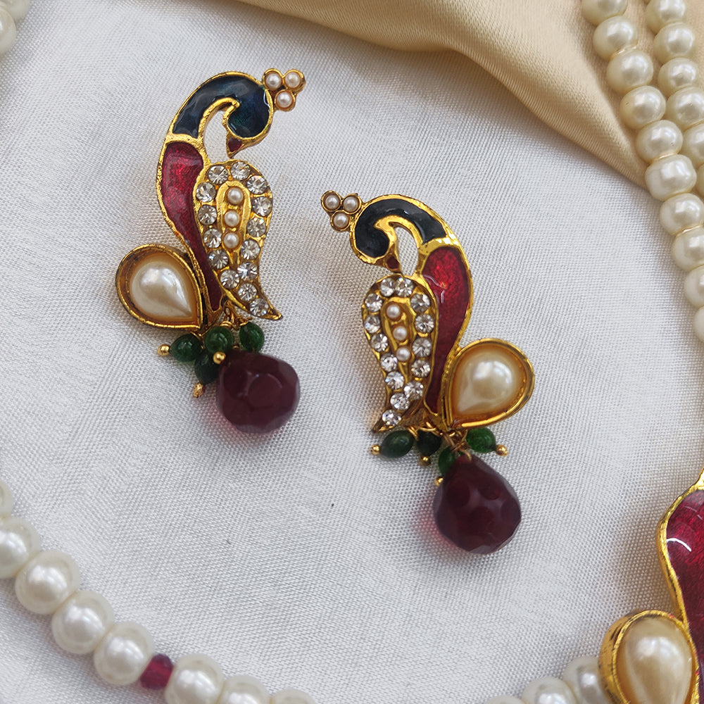 Apurva Red Austrian Stone Peacock Pearl Pendant Set