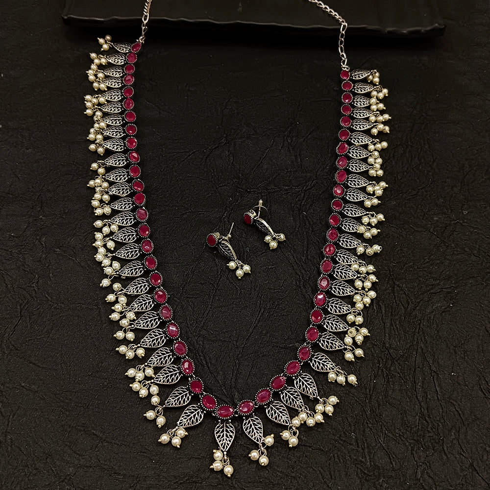 Bhavi Jewel Oxidised Plated Crystal Stone Long Necklace Set