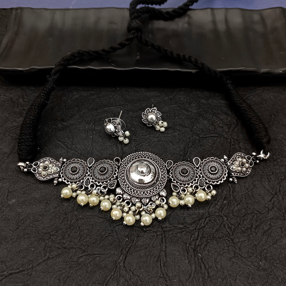 Bhavi Jewel Oxidised Plated Crystal Stone Choker Necklace Set
