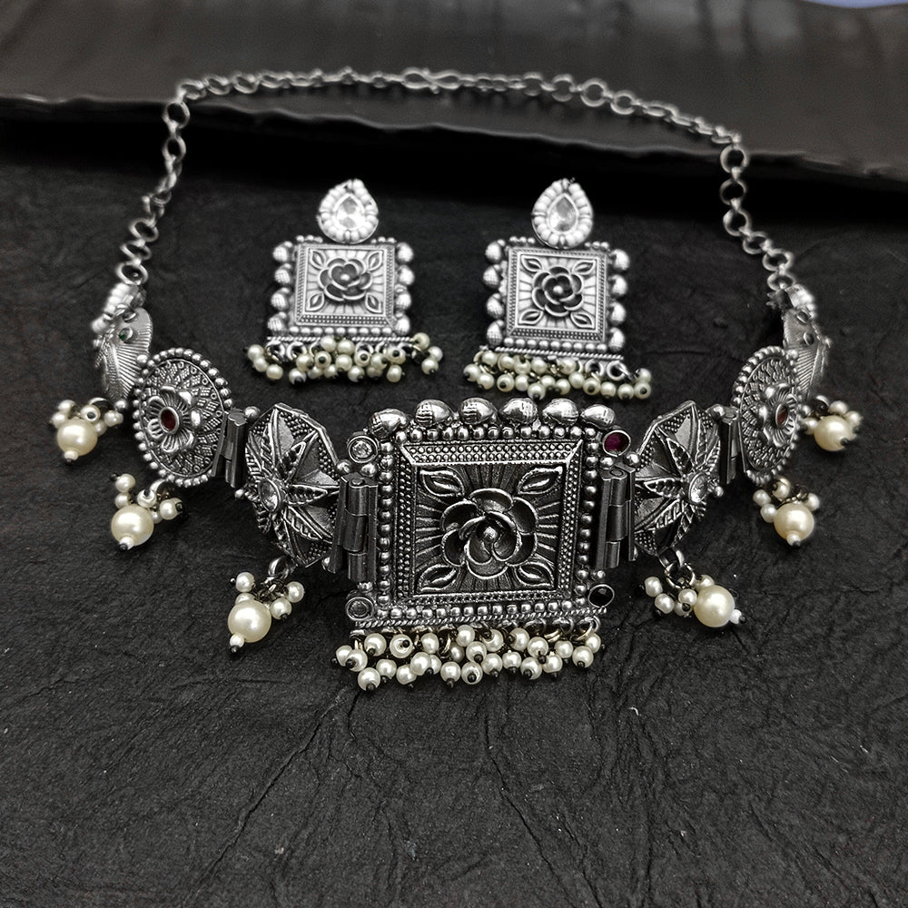 Bhavi Jewel Oxidised Plated Crystal Stone Choker Necklace Set