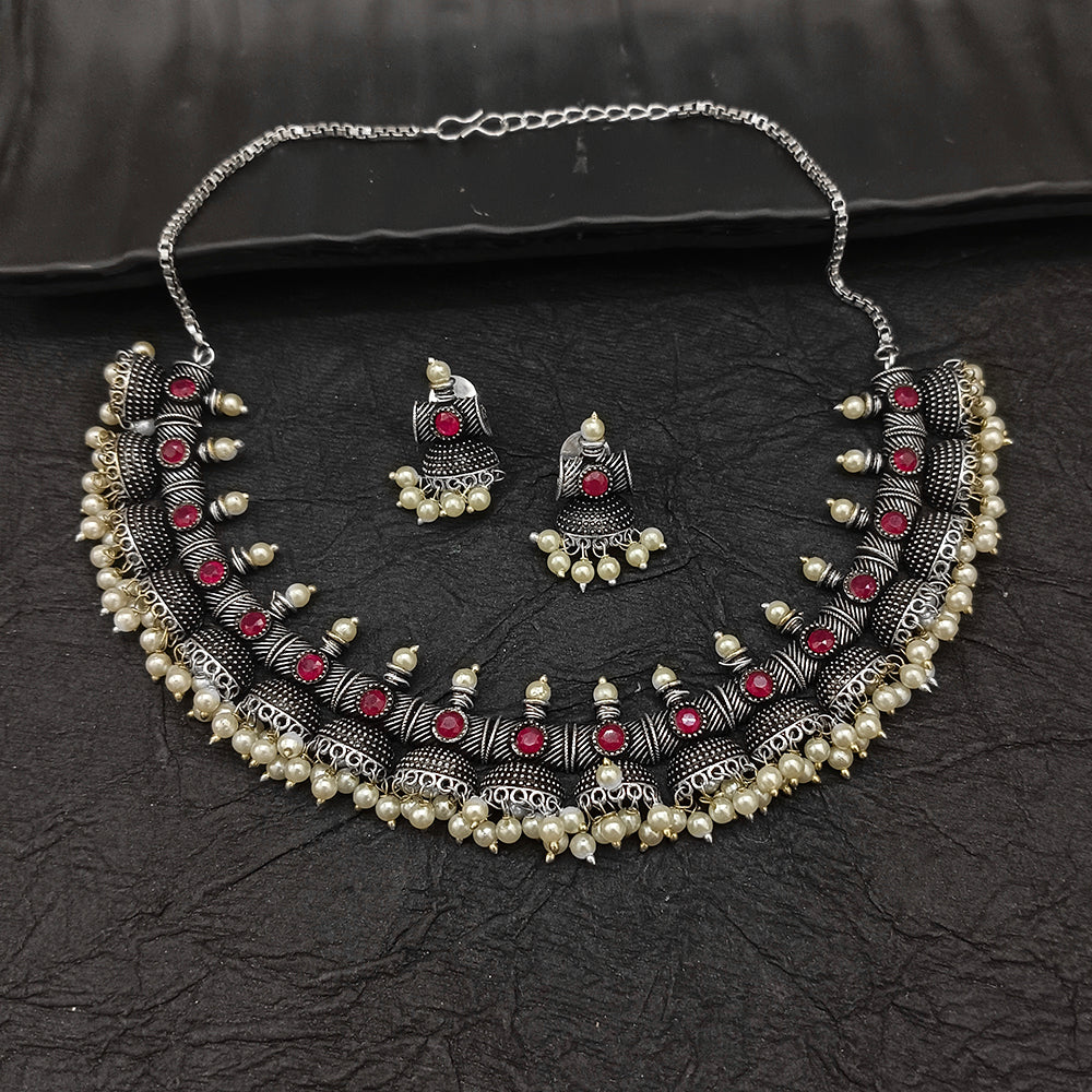 Bhavi Jewel Oxidised Plated Pota Stone Necklace Set