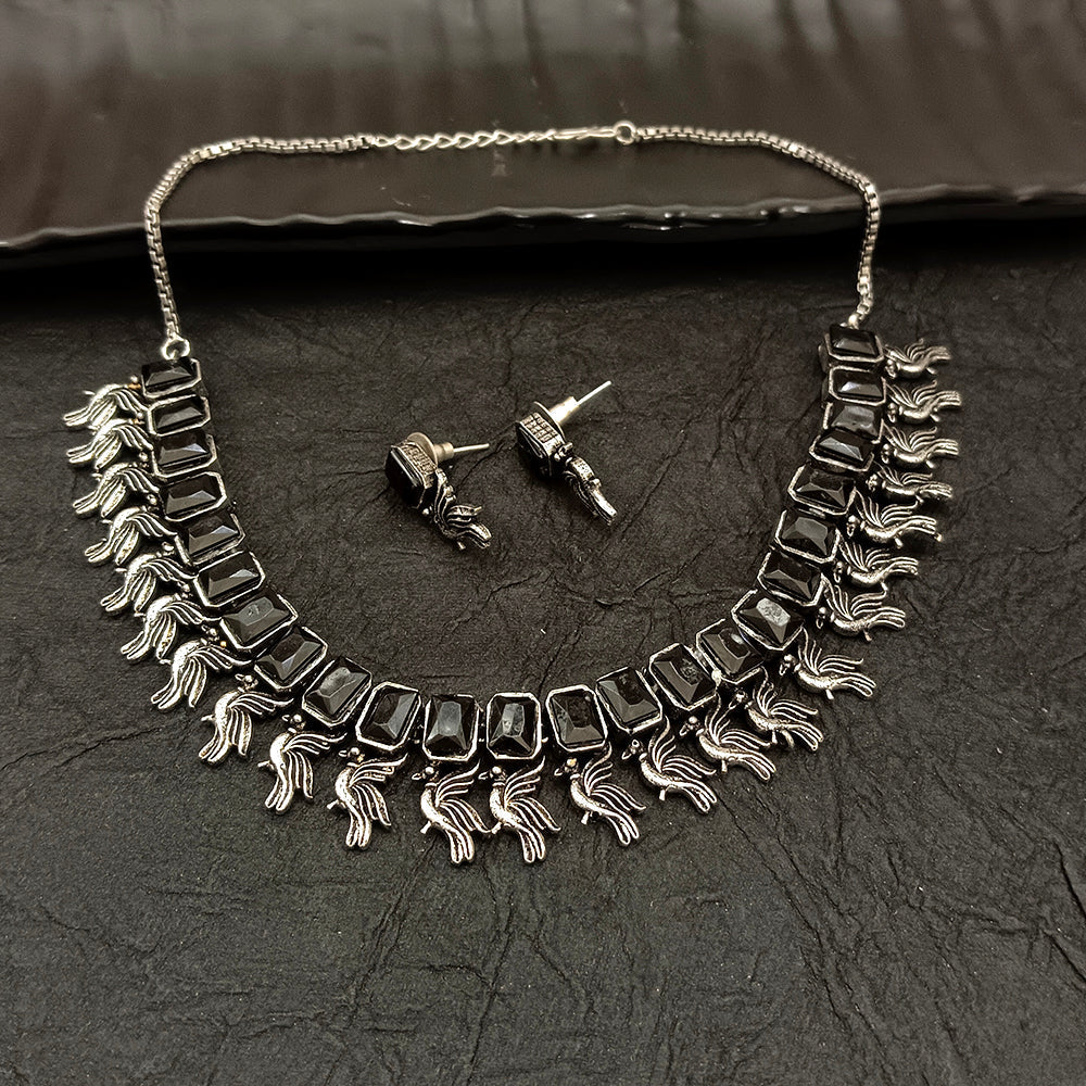 Bhavi Jewel Oxidised Plated Crystal Stone Sparrow Necklace Set