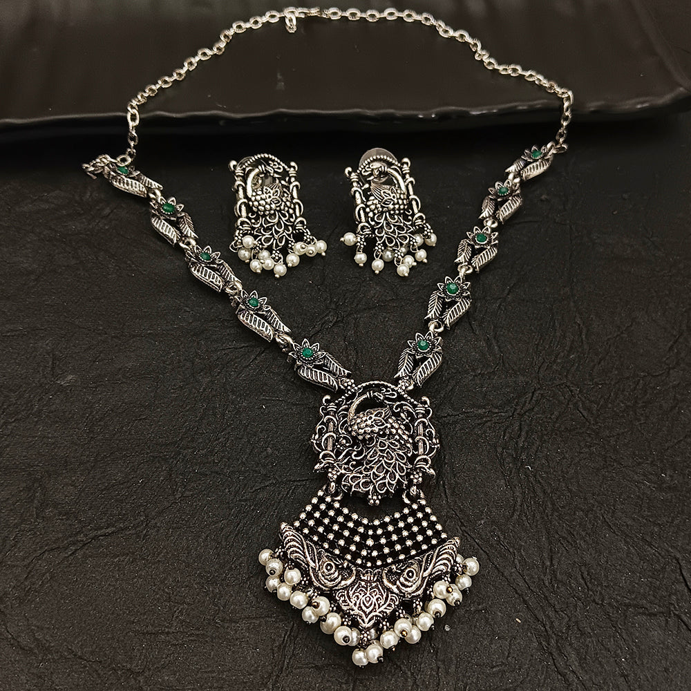 Bhavi Jewel Oxidised Plated  Peacock Pearl Necklace Set