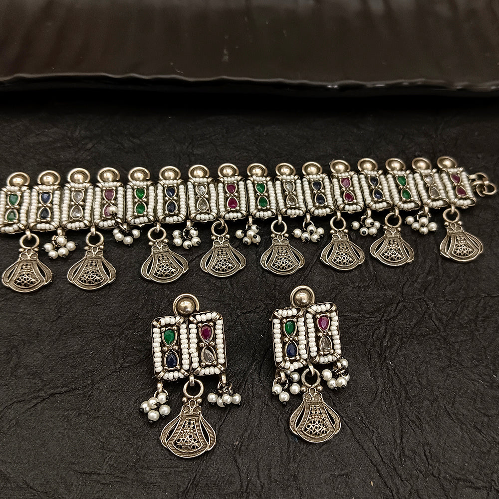 Bhavi Jewel Oxidised Plated Pearl Choker Necklace Set
