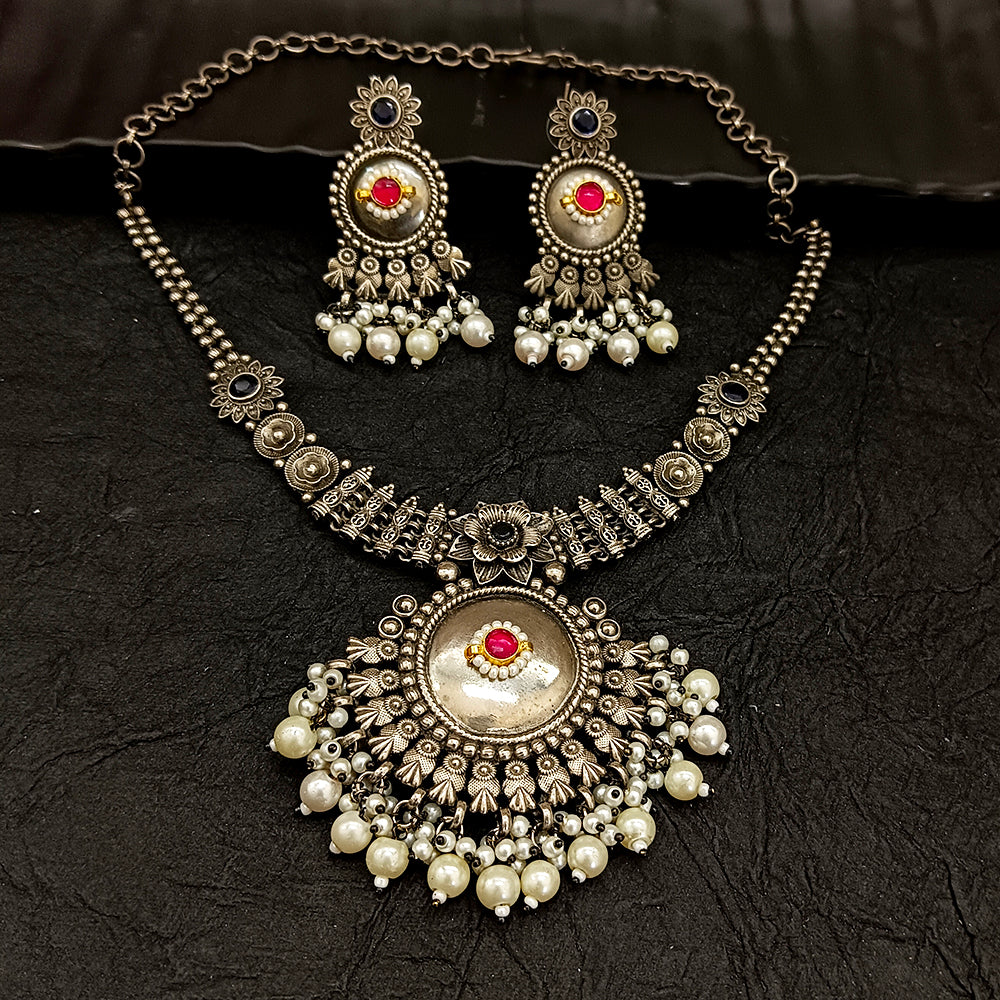 Bhavi Jewel Oxidised Plated Kundan And Pearl  Necklace Set