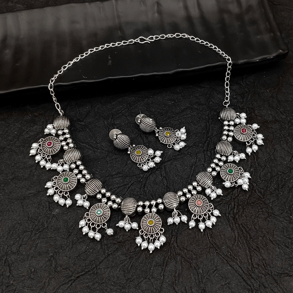 Bhavi Jewel Oxidised Plated Pota Stone Necklace Set