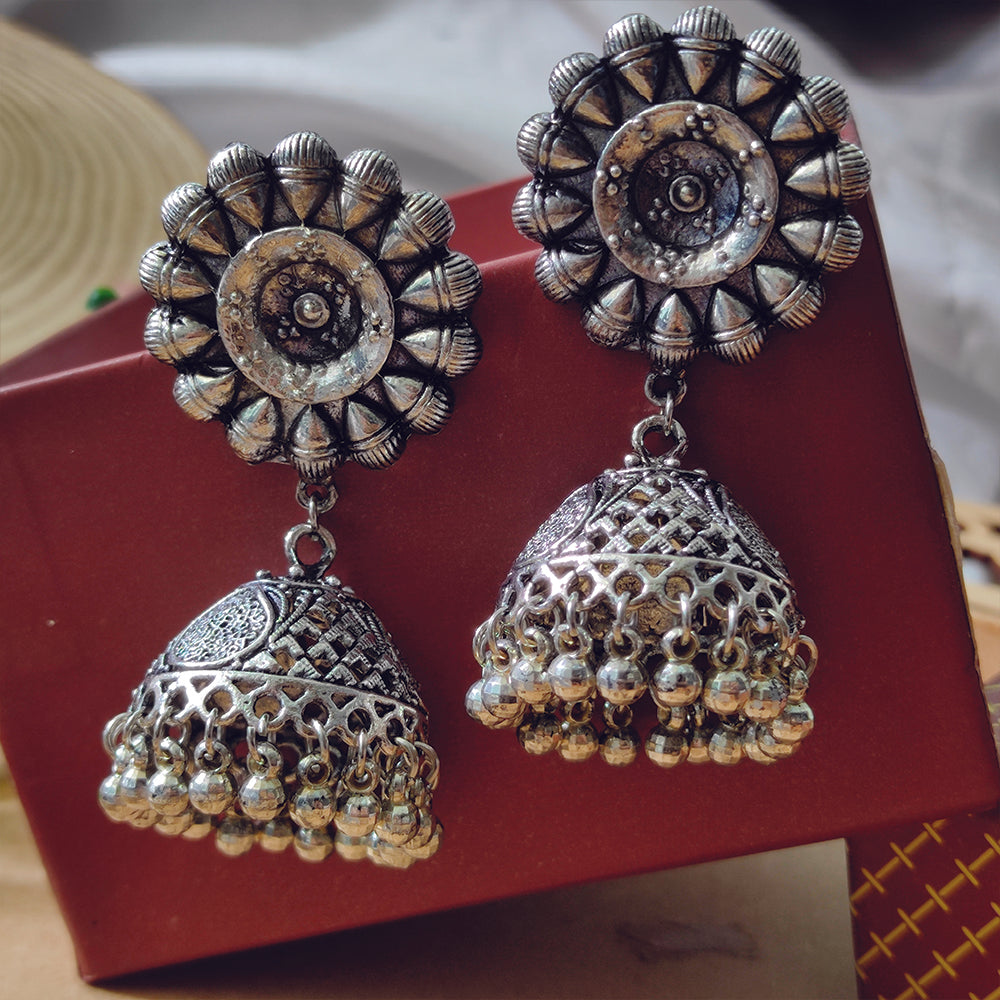 Bhvai Jewels Silver Plated Oxidised Jhumki Earrings