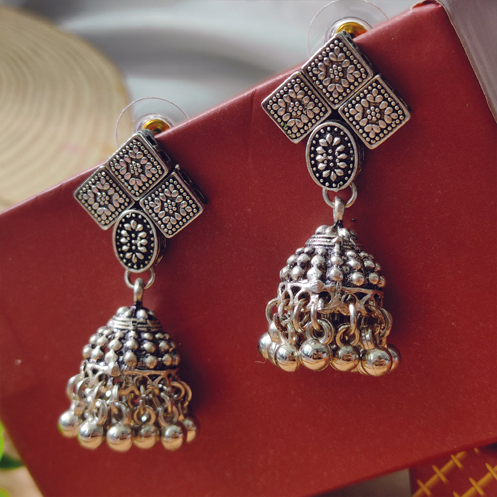 Bhavi Jewels Silver Plated Oxidised Jhamki Earrings