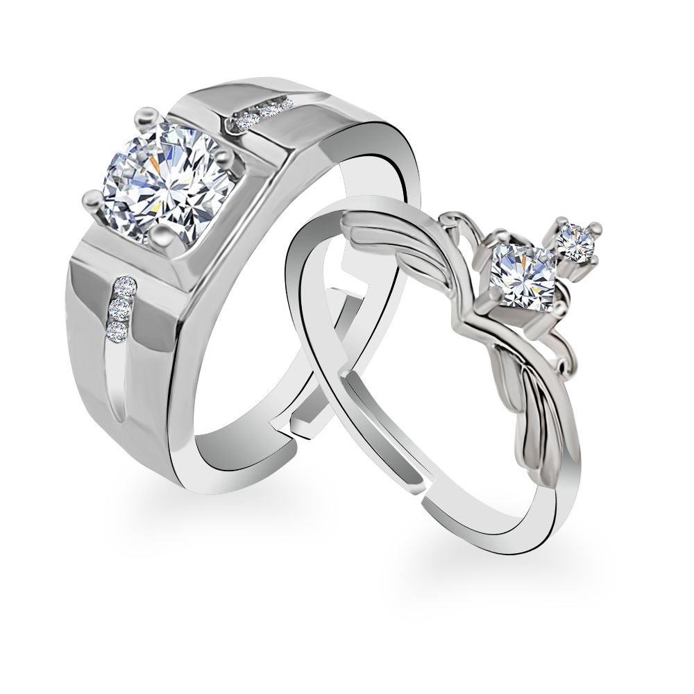 Urbana Rhodium Plated Solitaire Couple Ring Set With Crystal Stone ( assorted )