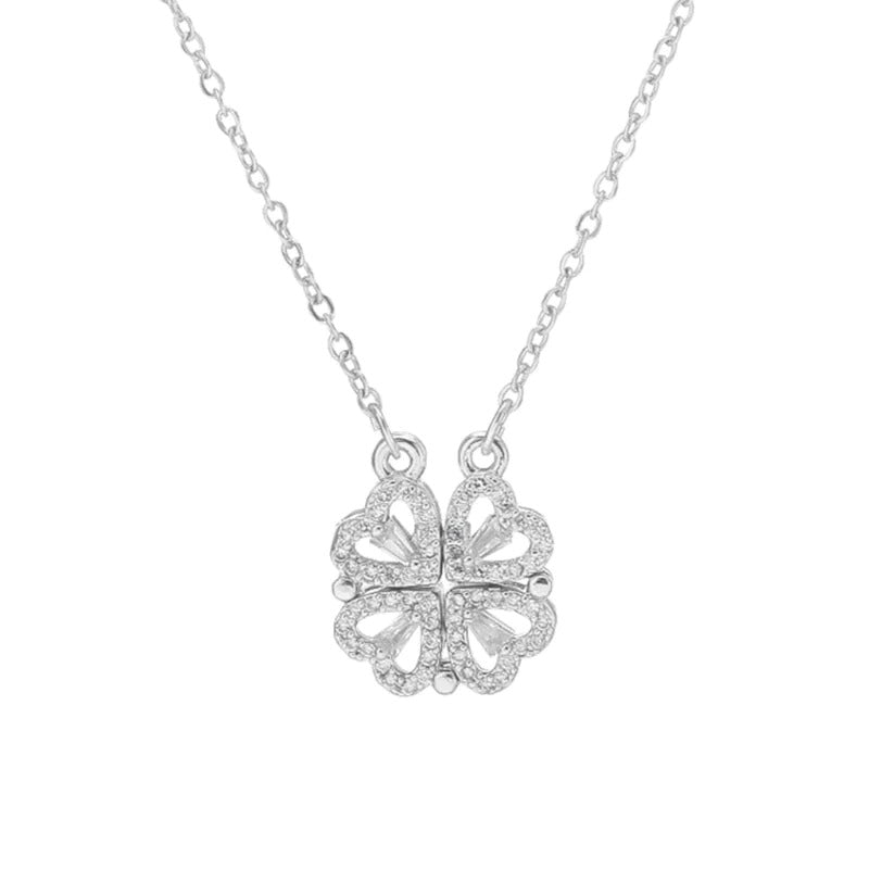 JewelMaze Hyacinth 4-pcs Zircon Heart Magnetic Clover Necklace