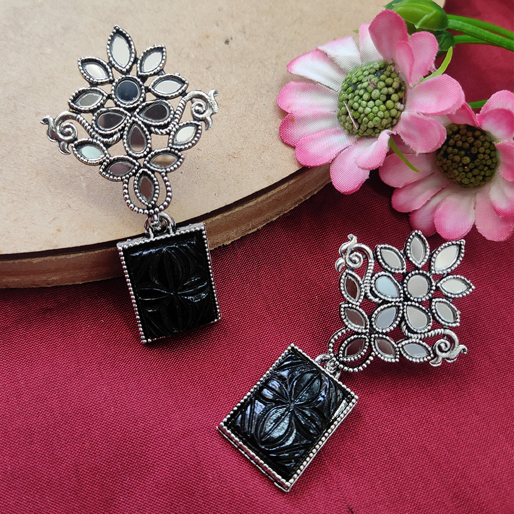 Bhavi Jewels Mirror Oxidised Black Craved Stone Dangler Earring