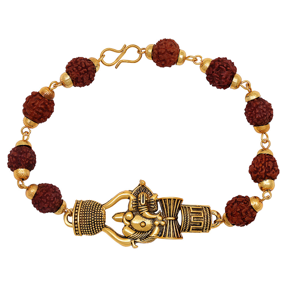 Mahi Gold Plated Trishul Lord Ganpati & Damru Adjutable Religious Bracelet with Rudraksh for Men (BR1101042G)