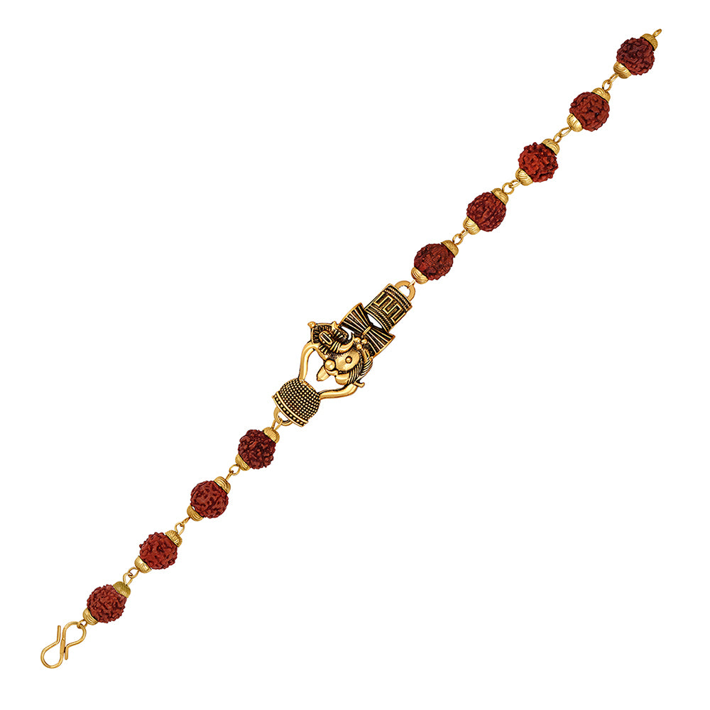 Mahi Gold Plated Trishul Lord Ganpati & Damru Adjutable Religious Bracelet with Rudraksh for Men (BR1101042G)