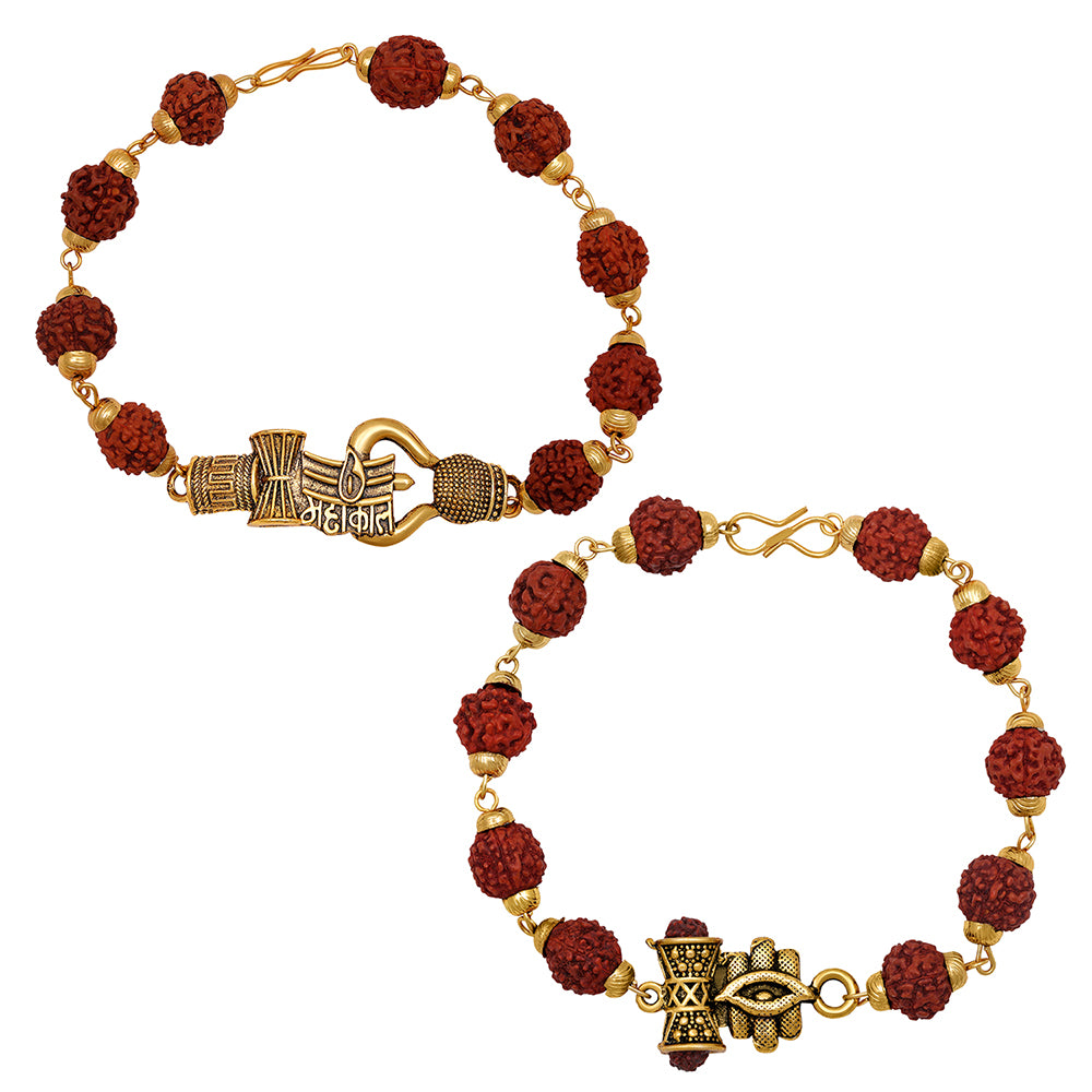 Mahi Combo of Lord Shiva Tripundra Tialk, Mahal Trishul & Damru Adjutable Religious Bracelets with Rudraksh for Men (CO1105596G)