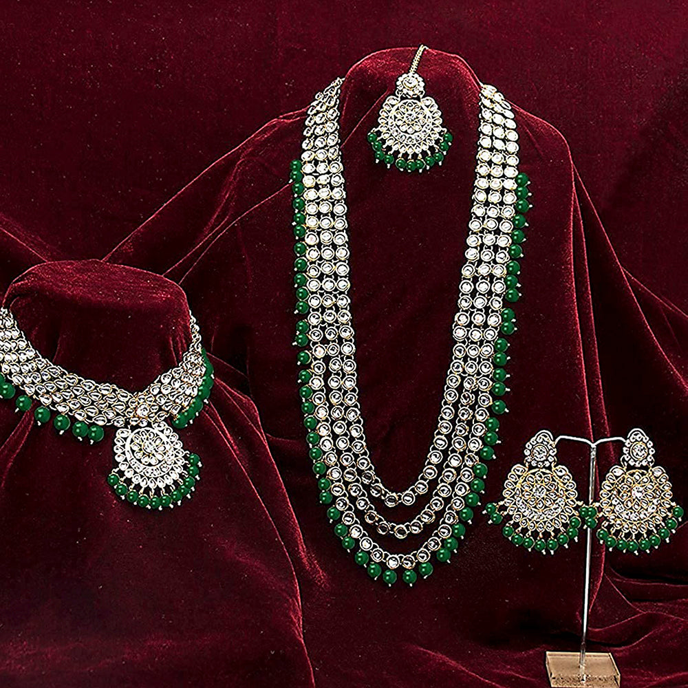 JewelMaze Gold Plated Kundan Stone And Beads Bridal Set